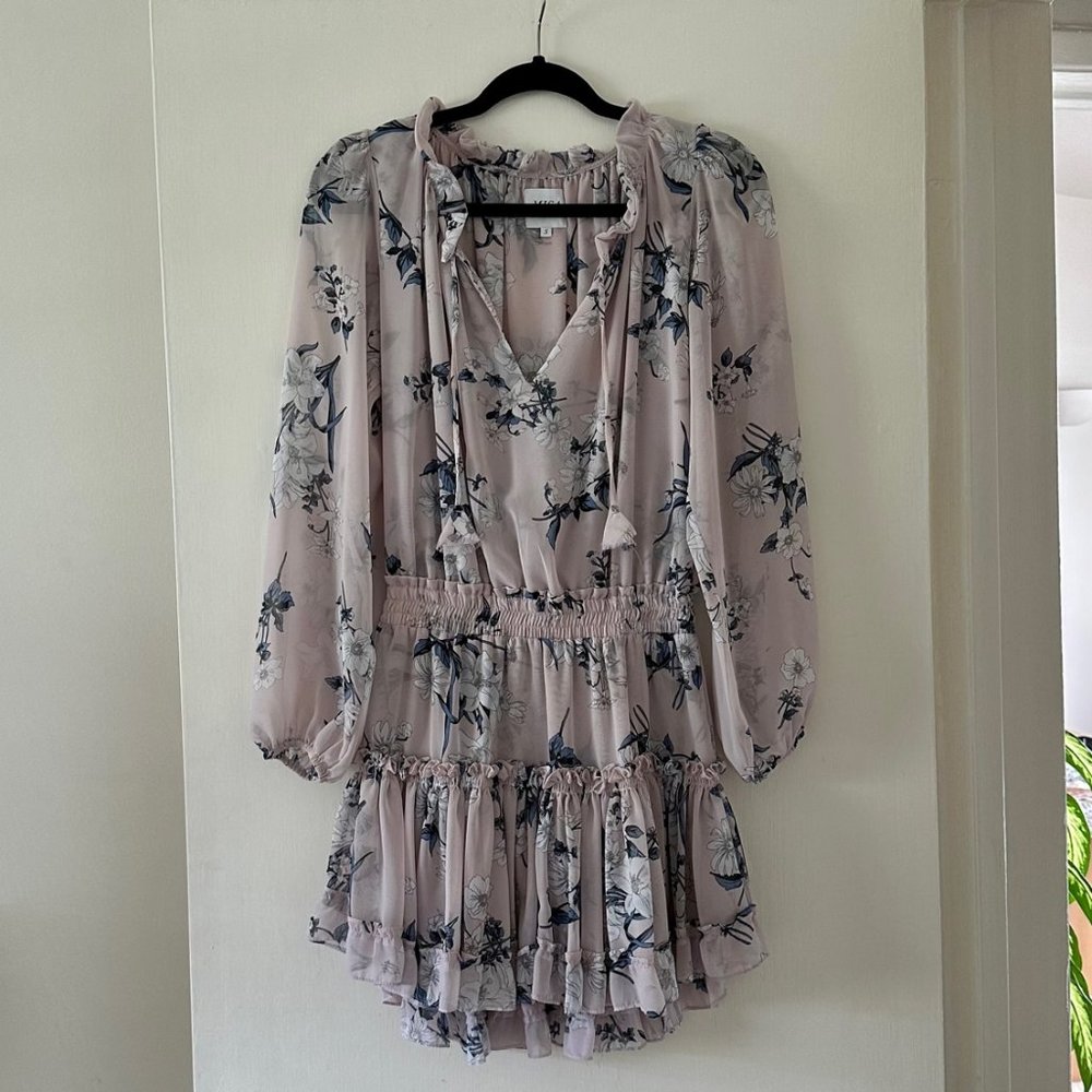 MISA Los Angeles Lorena Split-Neck Printed Chiffon Mini Dress